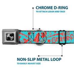 Dog Bone Black/Silver Seatbelt Buckle Collar - GRATEFUL OPTIMISM BE KIND Icons Collage Blue/Red
