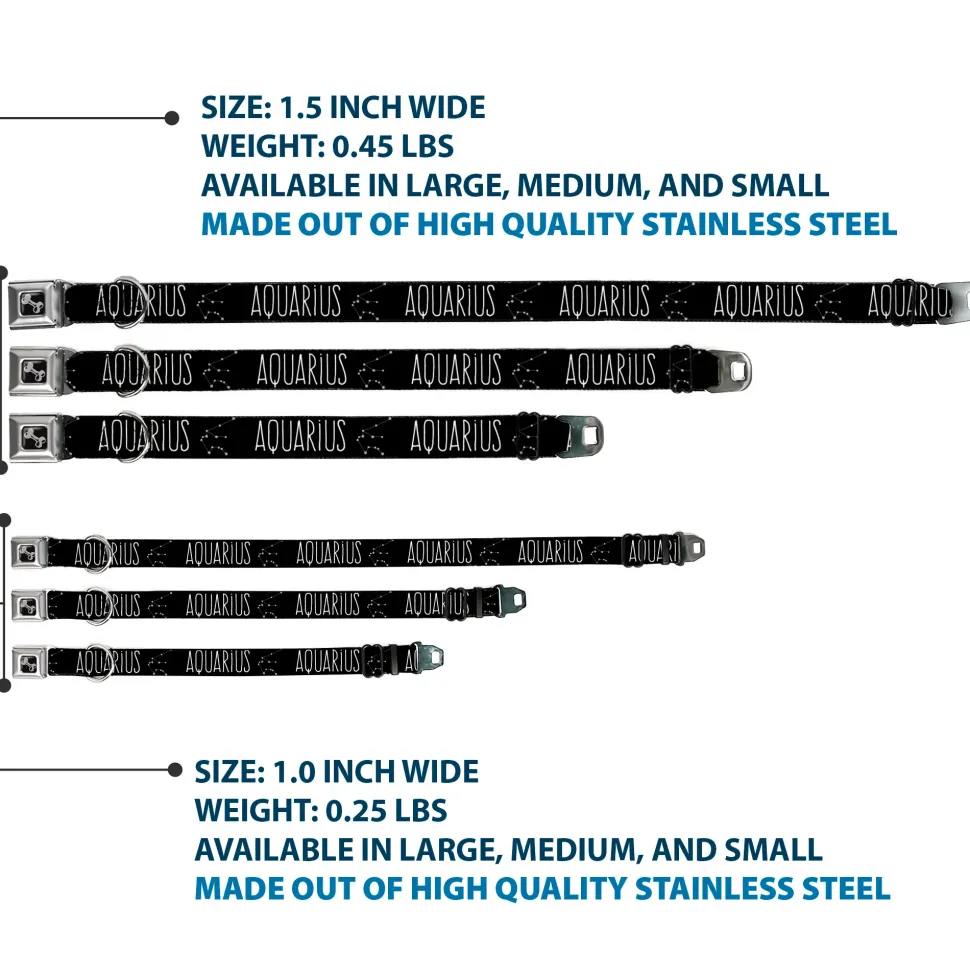 Dog Bone Black/Silver Seatbelt Buckle Collar - Zodiac AQUARIUS/Constellation Black/White