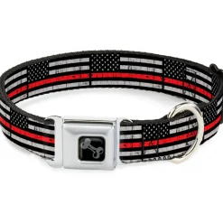 Dog Bone Black/Silver Seatbelt Buckle Collar - Thin Red Line Flag Weathered Black/Gray/Red