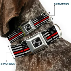 Dog Bone Black/Silver Seatbelt Buckle Collar - Thin Red Line Flag Weathered Black/Gray/Red