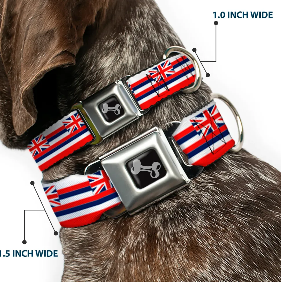 Dog Bone Black/Silver Seatbelt Buckle Collar - Hawaii Flag Continuous Repeat