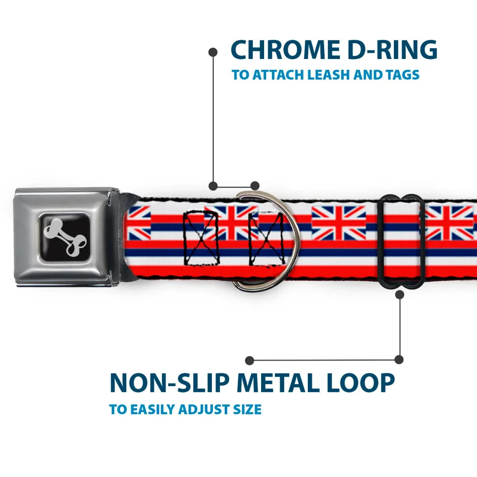 Dog Bone Black/Silver Seatbelt Buckle Collar - Hawaii Flag Continuous Repeat