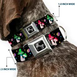 Dog Bone Black/Silver Seatbelt Buckle Collar - Happy Mushrooms with Stars Black/Multi Color