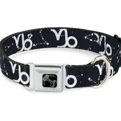 Dog Bone Black/Silver Seatbelt Buckle Collar - Zodiac Capricorn Symbol/Constellations Black/White