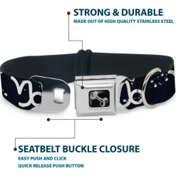 Dog Bone Black/Silver Seatbelt Buckle Collar - Zodiac Capricorn Symbol/Constellations Black/White