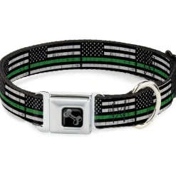 Dog Bone Black/Silver Seatbelt Buckle Collar - Thin Green Line Flag Weathered Black/Gray/Green