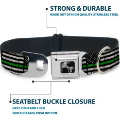 Dog Bone Black/Silver Seatbelt Buckle Collar - Thin Green Line Flag Weathered Black/Gray/Green