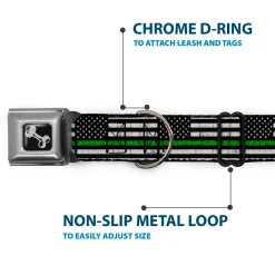 Dog Bone Black/Silver Seatbelt Buckle Collar - Thin Green Line Flag Weathered Black/Gray/Green
