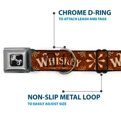 Dog Bone Black/Silver Seatbelt Buckle Collar - Western WHISKEY Heart Repeat Browns/Tan