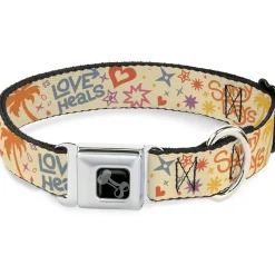 Dog Bone Black/Silver Seatbelt Buckle Collar - Summer Harmony Collage Beige/Multi Color