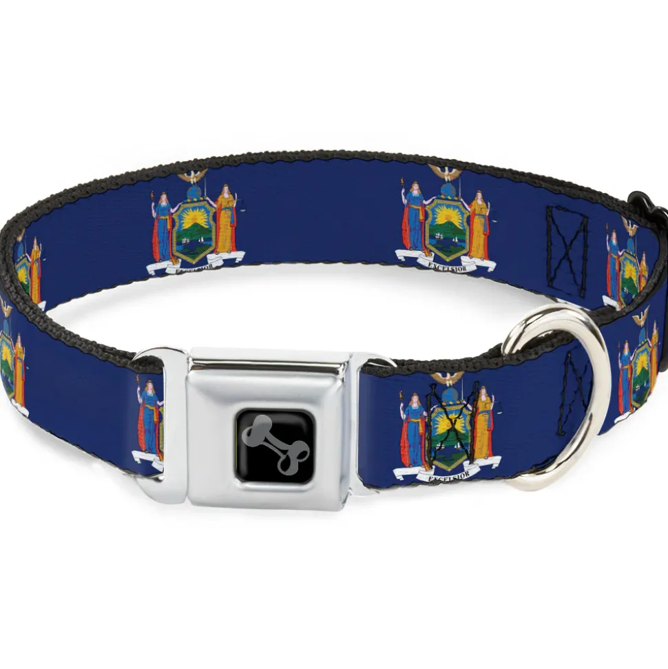 Dog Bone Black/Silver Seatbelt Buckle Collar - New York Flag Continuous
