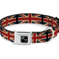 Dog Bone Black/Silver Seatbelt Buckle Collar - United Kingdom Flags Vintage Black
