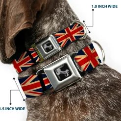 Dog Bone Black/Silver Seatbelt Buckle Collar - United Kingdom Flags Vintage Black