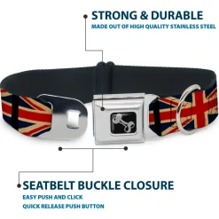 Dog Bone Black/Silver Seatbelt Buckle Collar - United Kingdom Flags Vintage Black