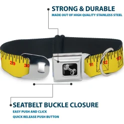 Dog Bone Black/Silver Seatbelt Buckle Collar - Measuring Tape Yellow/Black/Red