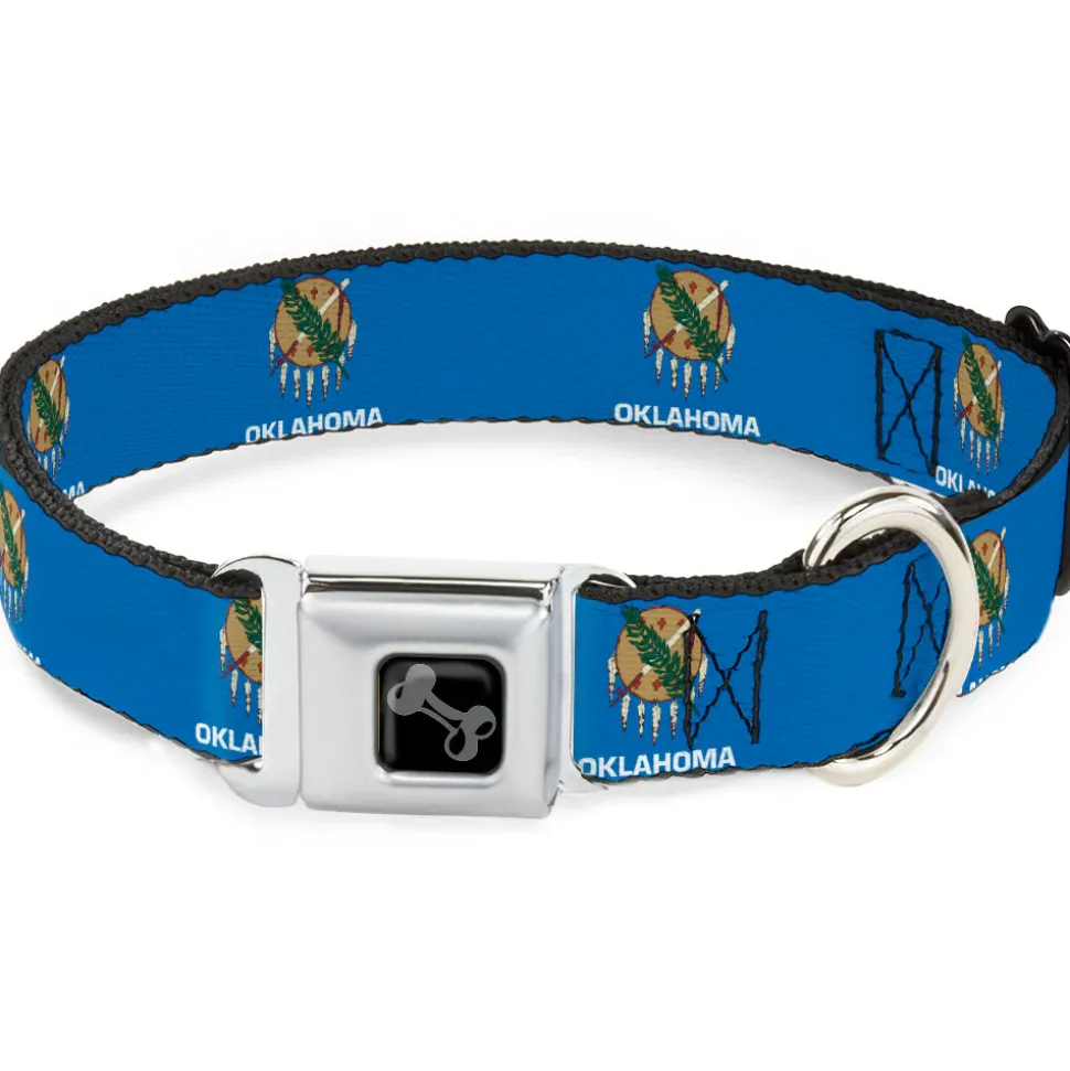Dog Bone Black/Silver Seatbelt Buckle Collar - Oklahoma State Flag Sky Blue/White