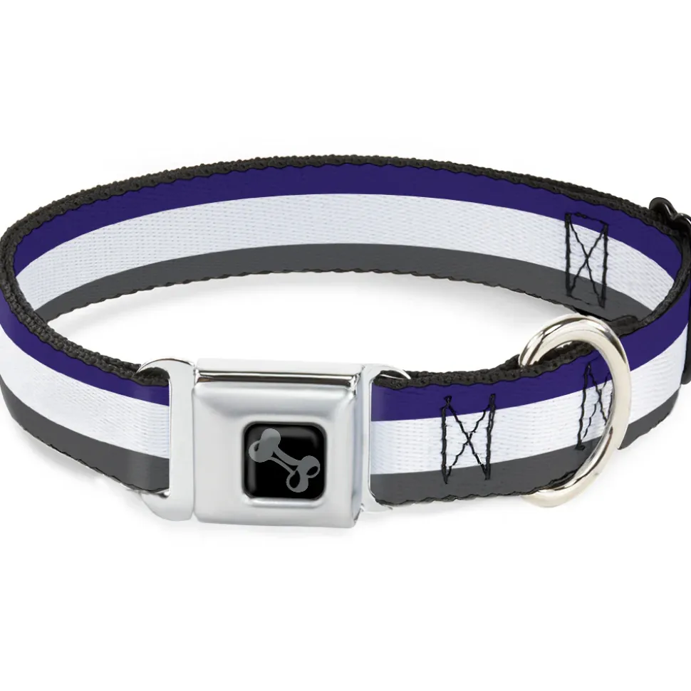 Dog Bone Black/Silver Seatbelt Buckle Collar - Stripes Purple/White/Gray