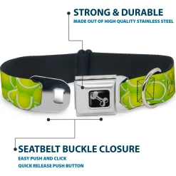 Dog Bone Black/Silver Seatbelt Buckle Collar - Tennis Balls Stacked