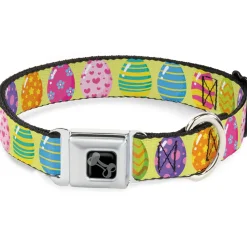 Dog Bone Black/Silver Seatbelt Buckle Collar - Easter Eggs Decorated Eggs Yellow/Multi Color