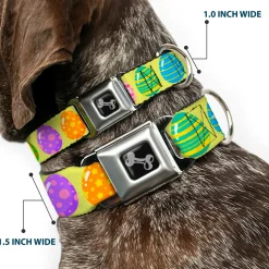 Dog Bone Black/Silver Seatbelt Buckle Collar - Easter Eggs Decorated Eggs Yellow/Multi Color