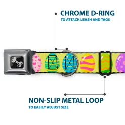 Dog Bone Black/Silver Seatbelt Buckle Collar - Easter Eggs Decorated Eggs Yellow/Multi Color