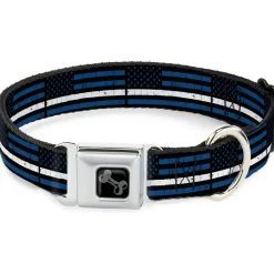 Dog Bone Black/Silver Seatbelt Buckle Collar - Thin White Line Flag Weathered Black/Blue/White
