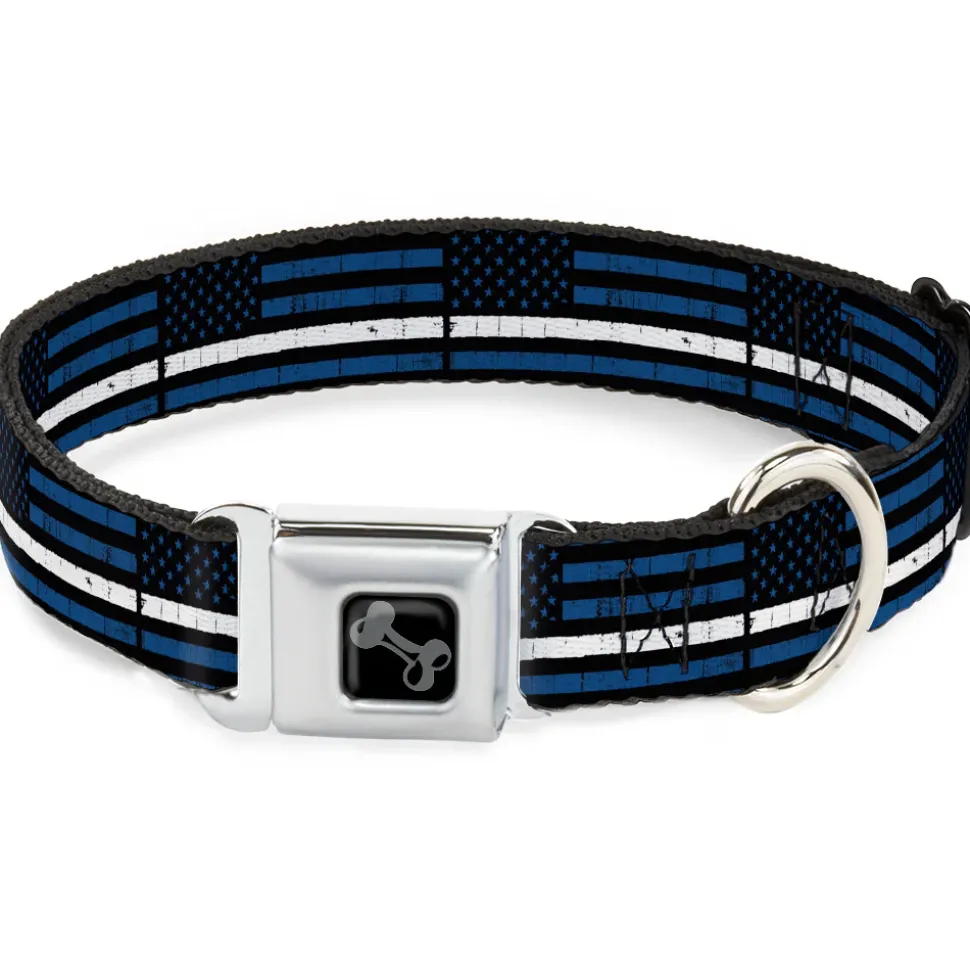 Dog Bone Black/Silver Seatbelt Buckle Collar - Thin White Line Flag Weathered Black/Blue/White