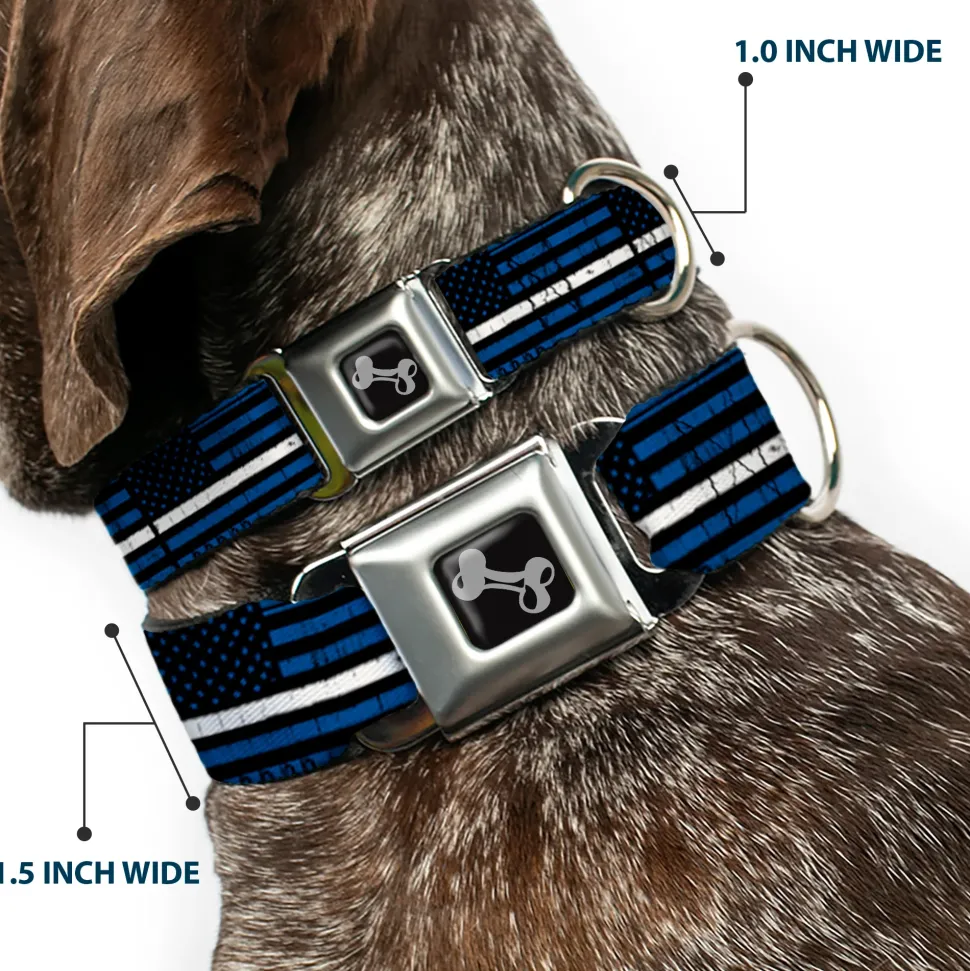 Dog Bone Black/Silver Seatbelt Buckle Collar - Thin White Line Flag Weathered Black/Blue/White