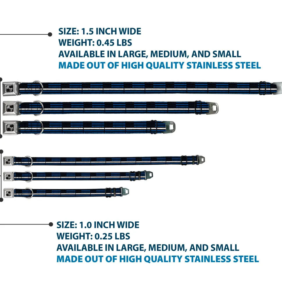 Dog Bone Black/Silver Seatbelt Buckle Collar - Thin White Line Flag Weathered Black/Blue/White