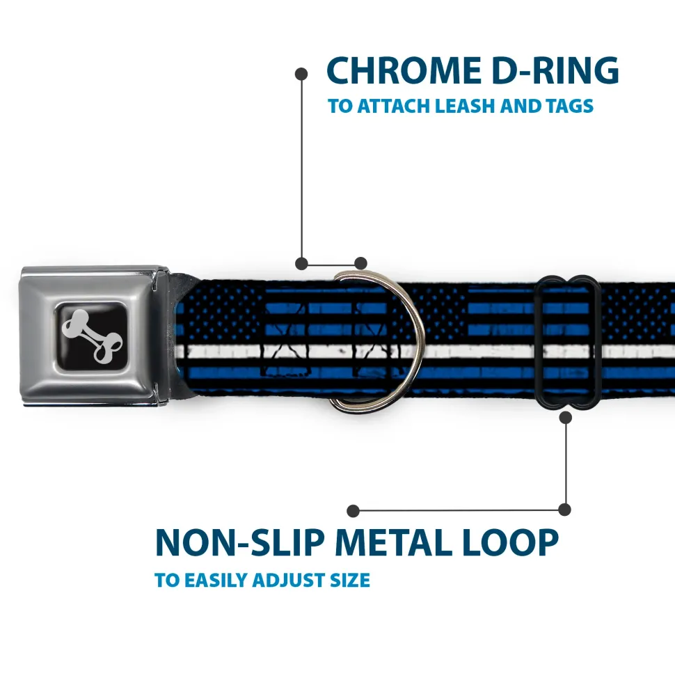 Dog Bone Black/Silver Seatbelt Buckle Collar - Thin White Line Flag Weathered Black/Blue/White