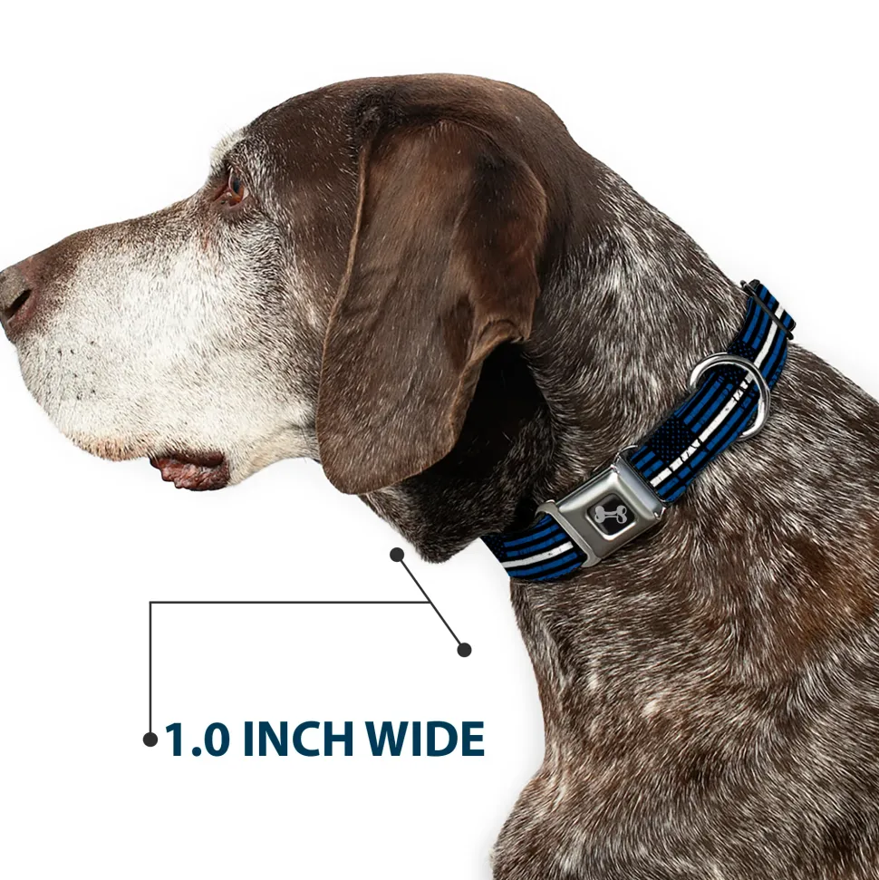 Dog Bone Black/Silver Seatbelt Buckle Collar - Thin White Line Flag Weathered Black/Blue/White