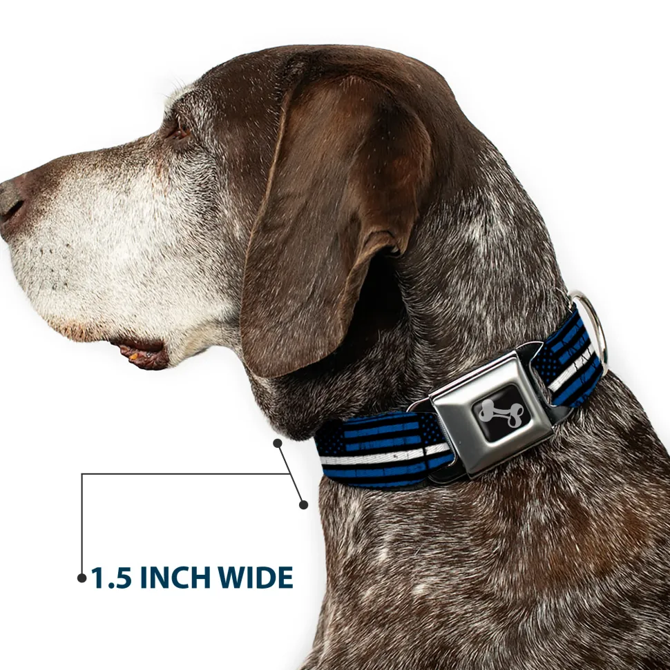 Dog Bone Black/Silver Seatbelt Buckle Collar - Thin White Line Flag Weathered Black/Blue/White