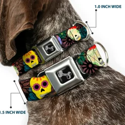 Dog Bone Black/Silver Seatbelt Buckle Collar - Painted Sugar Skulls & Flowers Collage