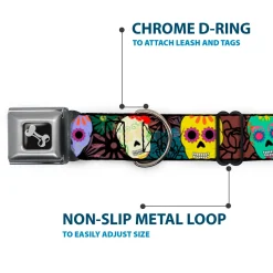 Dog Bone Black/Silver Seatbelt Buckle Collar - Painted Sugar Skulls & Flowers Collage