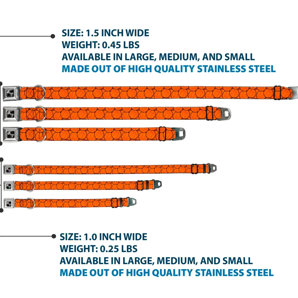 Dog Bone Black/Silver Seatbelt Buckle Collar - Basketballs Stacked