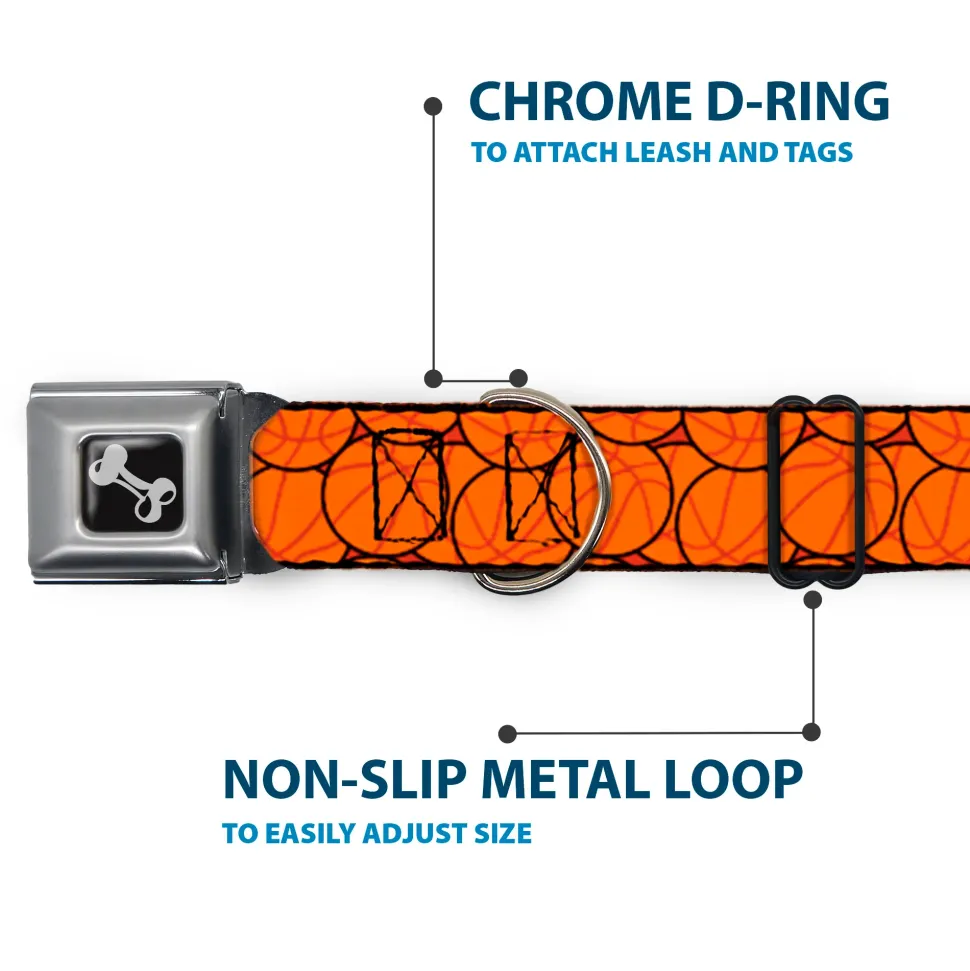 Dog Bone Black/Silver Seatbelt Buckle Collar - Basketballs Stacked