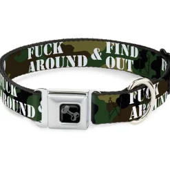 Dog Bone Black/Silver Seatbelt Buckle Collar - FAFO FUCK AROUND & FIND OUT Stencil Camo/White