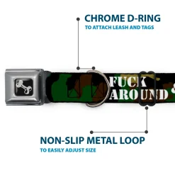 Dog Bone Black/Silver Seatbelt Buckle Collar - FAFO FUCK AROUND & FIND OUT Stencil Camo/White