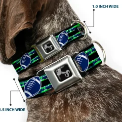 Dog Bone Black/Silver Seatbelt Buckle Collar - Football/Helmet Stripe Black/Neon Green/Blue