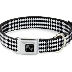 Dog Bone Black/Silver Seatbelt Buckle Collar - Diamonds Stripe White/Black