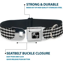 Dog Bone Black/Silver Seatbelt Buckle Collar - Diamonds Stripe White/Black