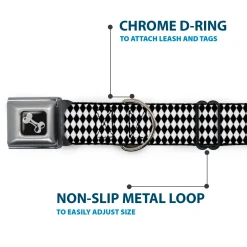 Dog Bone Black/Silver Seatbelt Buckle Collar - Diamonds Stripe White/Black