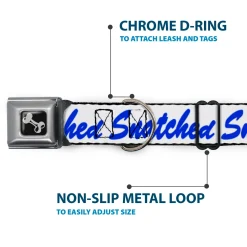 Dog Bone Black/Silver Seatbelt Buckle Collar - SNATCHED Script White/Blue