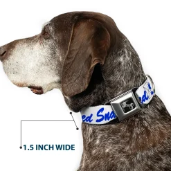 Dog Bone Black/Silver Seatbelt Buckle Collar - SNATCHED Script White/Blue
