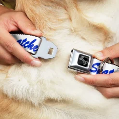 Dog Bone Black/Silver Seatbelt Buckle Collar - SNATCHED Script White/Blue