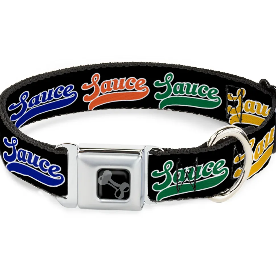 Dog Bone Black/Silver Seatbelt Buckle Collar - SAUCE Baseball Script Black/Multi Color