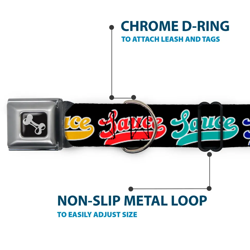 Dog Bone Black/Silver Seatbelt Buckle Collar - SAUCE Baseball Script Black/Multi Color
