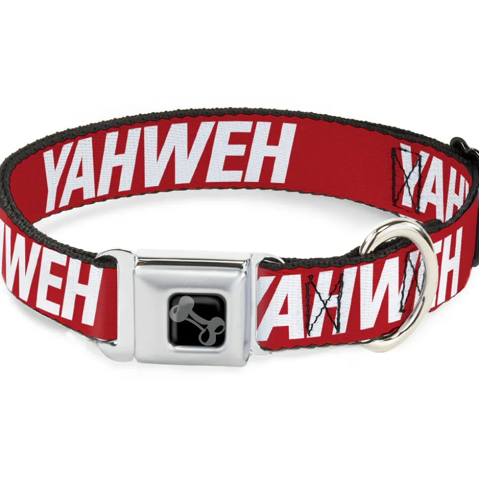 Dog Bone Black/Silver Seatbelt Buckle Collar - YAHWEH Text Red/White