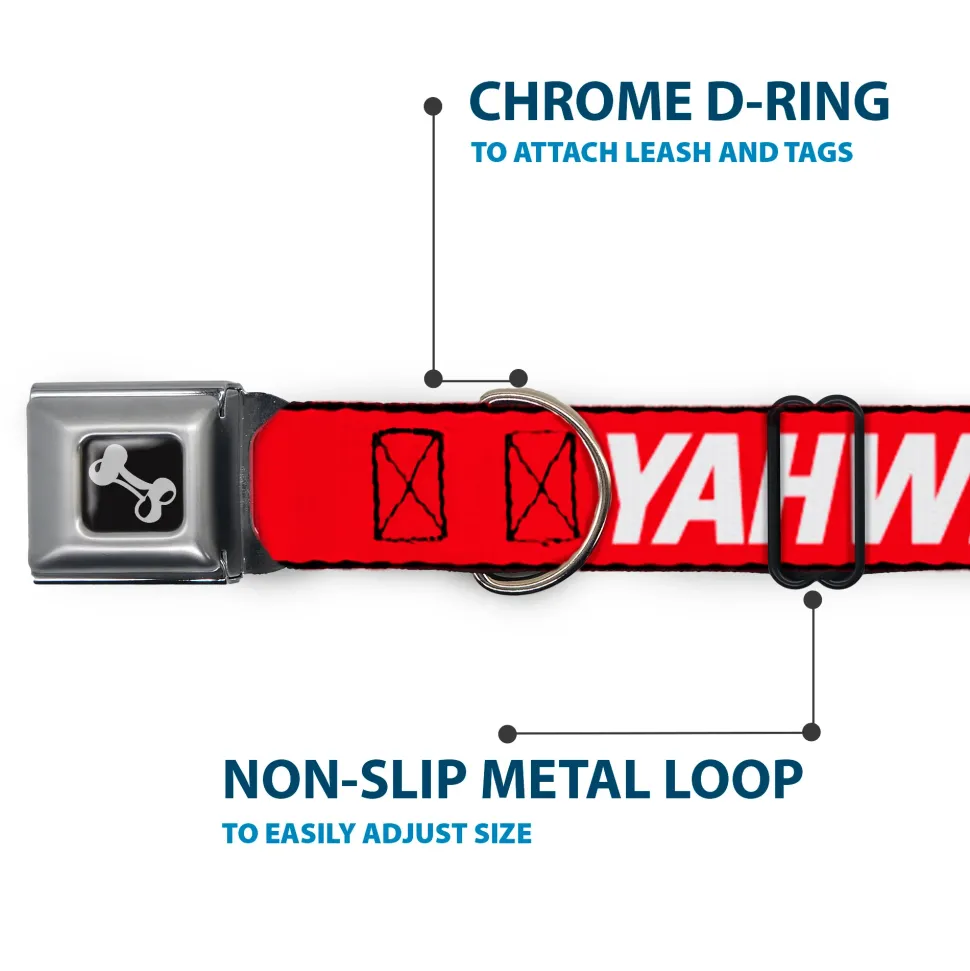 Dog Bone Black/Silver Seatbelt Buckle Collar - YAHWEH Text Red/White