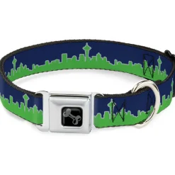 Dog Bone Black/Silver Seatbelt Buckle Collar - Seattle Skyline Navy/Gray/Green